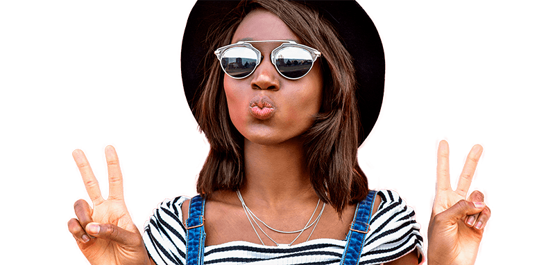 African woman wearing sunglasses pouting and making peace sign with both hands | Msafiri magazine